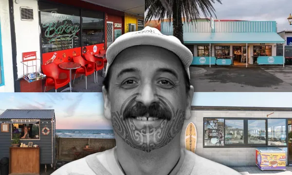 a yound māori man with tā moko wears a white hat and a moustache and smiles for the camera over a collage of New Brighton shopfronts