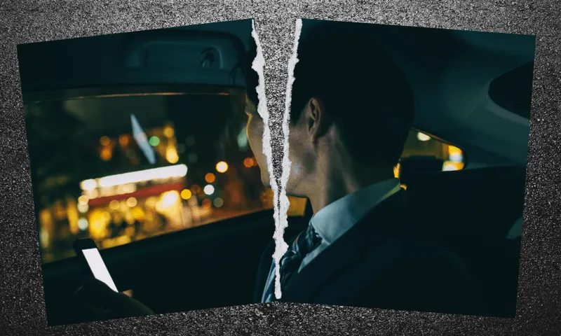 A photo of a person in a car at night torn in half.