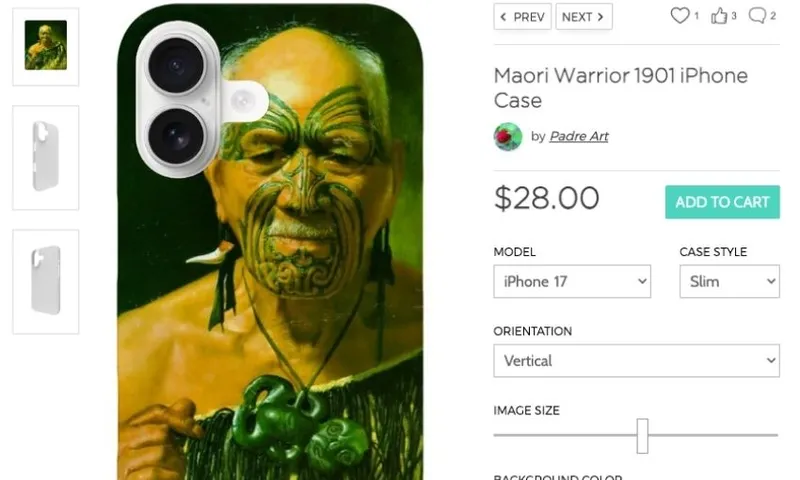 IPhone case featuring artwork of an elderly Maori man with traditional facial tattoos and greenstone jewelry, displayed on an online shop listing priced at $28.00.