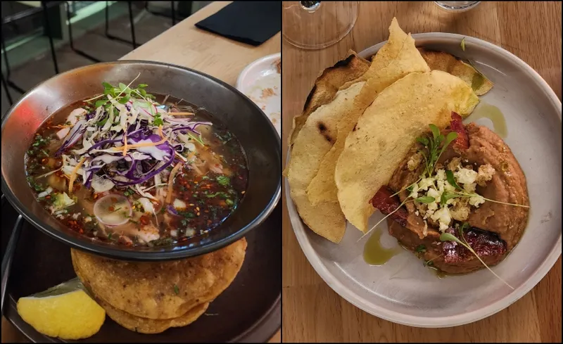 A split image shows a bowl of spicy soup with shredded cabbage and herbs on the left, and a plate with tostadas, beans, cheese, herbs, and roasted vegetables on the right.