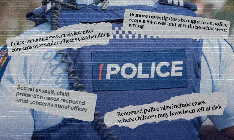 A close-up of a police officer's uniform is overlaid with news headlines about reopened cases, sexual assault, child protection, and investigations into how an officer handled cases.