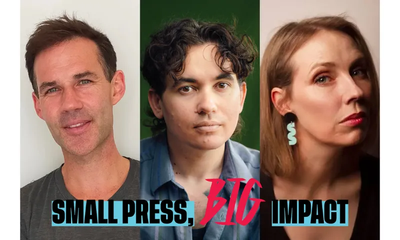 Three profile pictures in a row with the words "small press big imapact" layered over top.