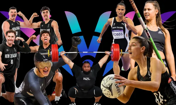 a collection of New Zealand athletes in action across different codes, on a black background with the blue and pink logo of the commonwealth games