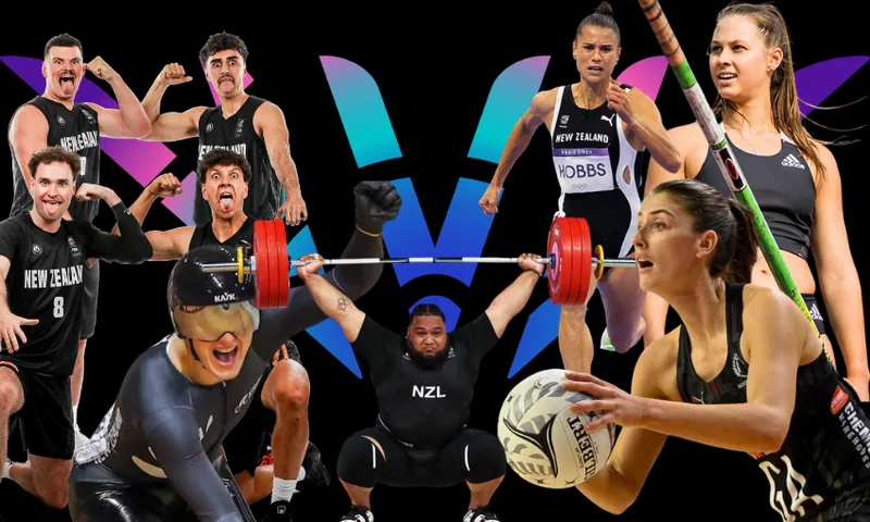 a collection of New Zealand athletes in action across different codes, on a black background with the blue and pink logo of the commonwealth games