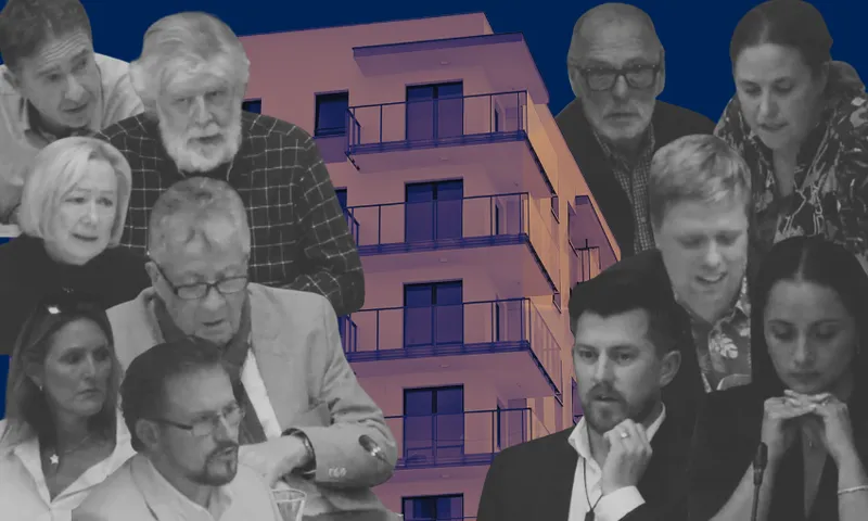 A group of people in grayscale are gathered around a modern apartment building in color, set against a dark blue background.