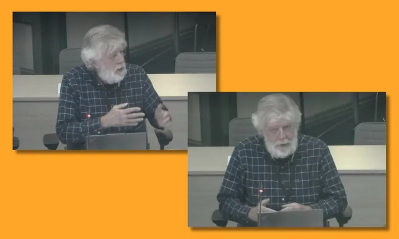 Two images show an older man with gray hair and a beard, wearing a plaid shirt, speaking and gesturing while seated at a desk with a microphone, against an orange background.