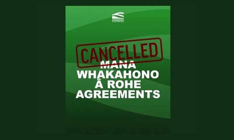 Green graphic with the text "Mana Whakahono ā Rohe Agreements" and a large red "CANCELLED" stamp over it. Faint logo at the top.