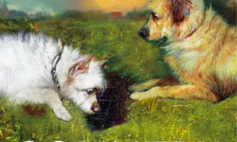 A close up of a painting of two dogs staring wildly at a hole in a field.
