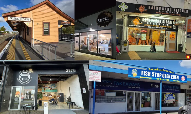five shop fronts during the day and night in Glen Eden