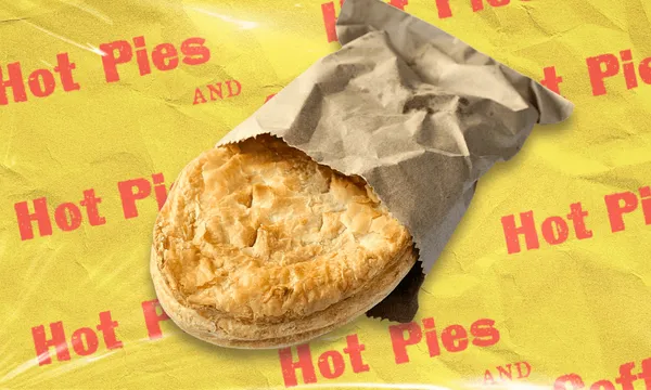 A golden, flaky meat pie partially wrapped in brown paper, set against a yellow background with red text that reads "Hot Pies AND" repeated multiple times.