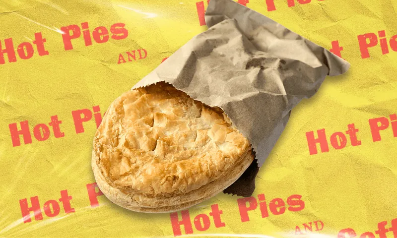 A golden, flaky meat pie partially wrapped in brown paper, set against a yellow background with red text that reads "Hot Pies AND" repeated multiple times.
