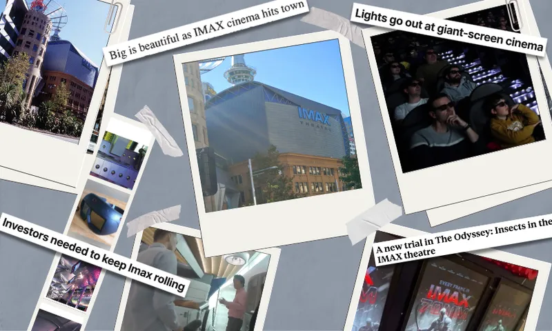 A collage featuring IMAX theaters, audiences watching films, and newspaper headlines about IMAX, such as "IMAX cinema hits town" and "Investors needed to keep Imax rolling.