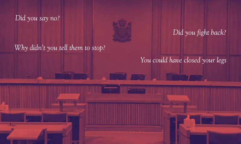 An empty courtroom with accusatory phrases like "Did you say no?" and "You could have closed your legs" overlaid, highlighting current defence tactics in sexual assault cases.