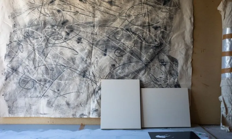 Large abstract artwork with black and gray scribbles hangs on a wall. In front, two blank canvases lean against the wall, and a table with some art supplies is visible at the bottom of the image.