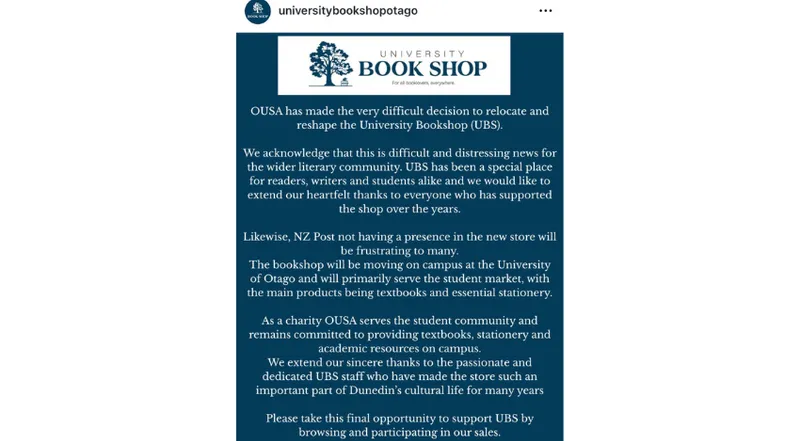 A screenshot of an Instagram post by University Book Shop Dunedin.