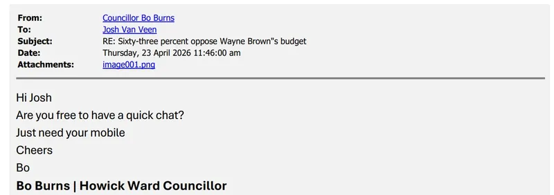 Screenshot of an email from Councillor Bo Burns to Josh Van Veen, asking if Josh is free for a quick chat and to have his mobile ready. Bo signs off as Howick Ward Councillor.