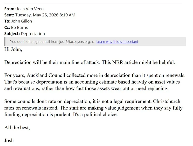 Screenshot of an email discussing how councils approach depreciation, noting differences in rates and emphasizing that depreciation funding is a political choice, not a legal requirement.