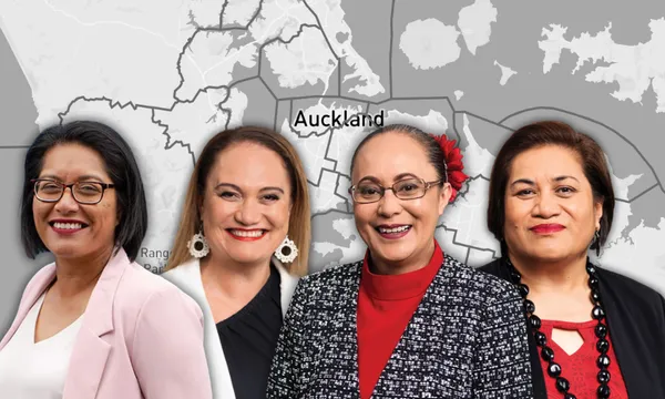 four pacific women in office attire smile for headshots overlaid on a black and white map of Auckland electorates
