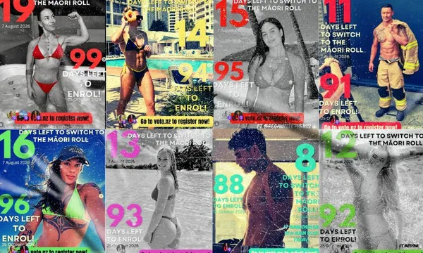 A collage of people in swimwear posing at the beach and pool with colorful text counting down days left to switch to the Maori roll, urging viewers to register or enroll before August 7, 2023.