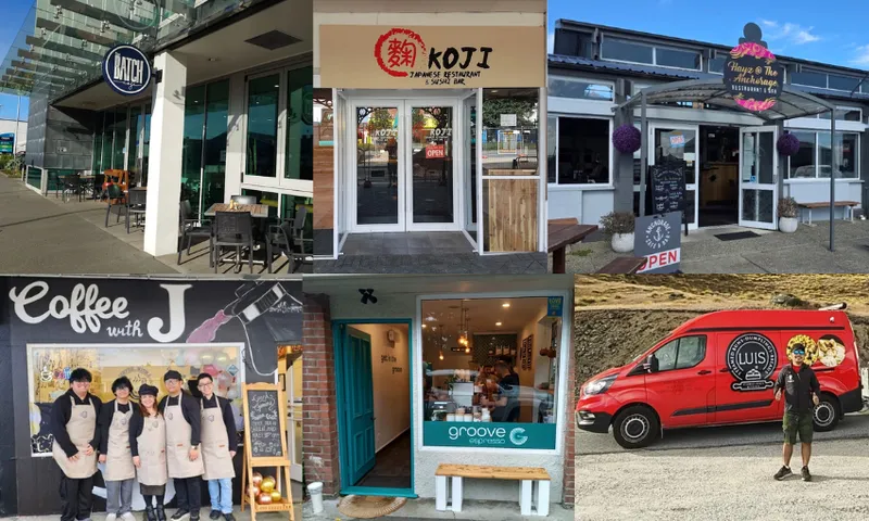 a collection of cafe shopfronts in Invercargill, some with the owners standing in front, smiling