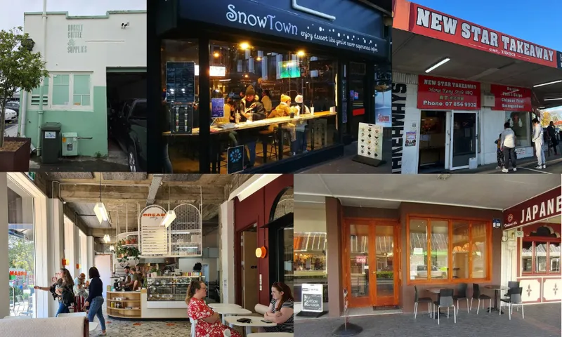 five colourful cafe and bar shopfronts in Hamilton