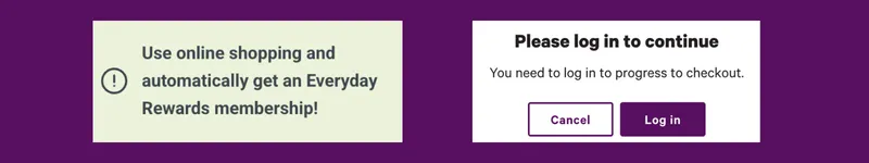 two screenshots of supermarket websites prompting shoppers to log in in order to order groceries