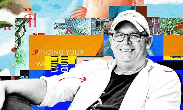 A black and white photo of chef Al Brown who is wearing a cap, glasses and is smiling. Behind him is a collage of book covers.