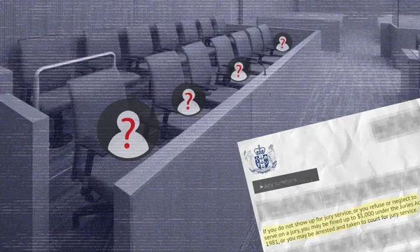 An empty jury box with several seats marked by question marks; a blurred jury summons document is shown in the foreground.