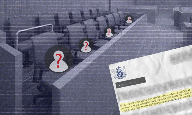 An empty jury box with several seats marked by question marks; a blurred jury summons document is shown in the foreground.