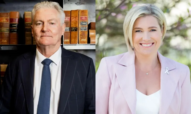 A man in a suit stands in front of bookshelves filled with legal books; next to him, a woman in a light pink blazer stands outside, smiling, with greenery in the background.