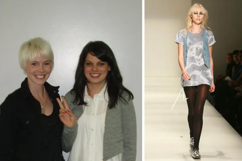 Designers Rachel Easting and Anjali Burnett; a model wears Love-Lies-Bleeding.