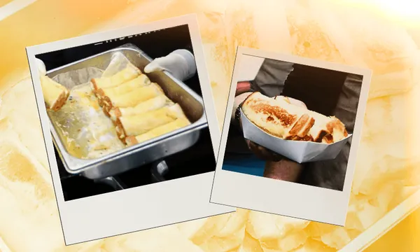 Two Polaroid-style photos: One shows gloved hands serving stuffed pastry rolls from a tray, and the other shows a person holding a baked stuffed roll in a paper tray.