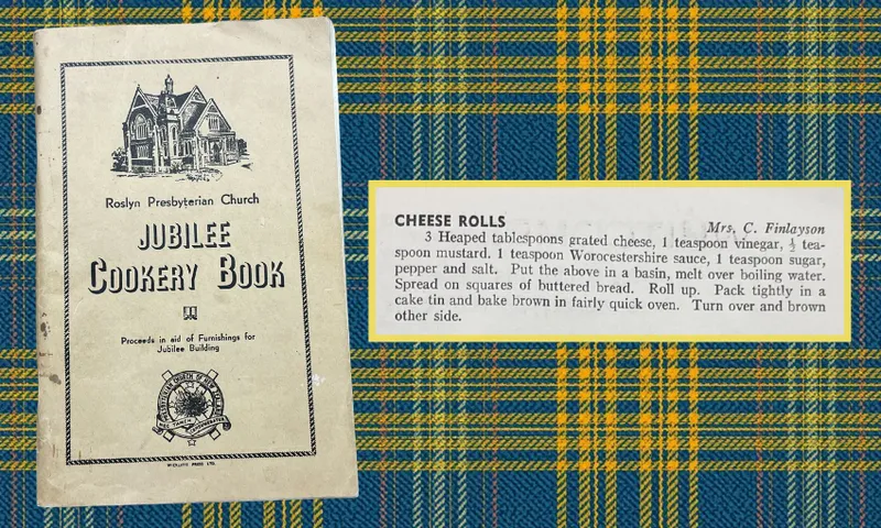 An old cookbook cover and a cheese rolls recipe are shown on a blue and yellow plaid background. The cover reads “Jubilee Cookery Book,” and the recipe lists cheese, vinegar, Worcestershire sauce, and more.