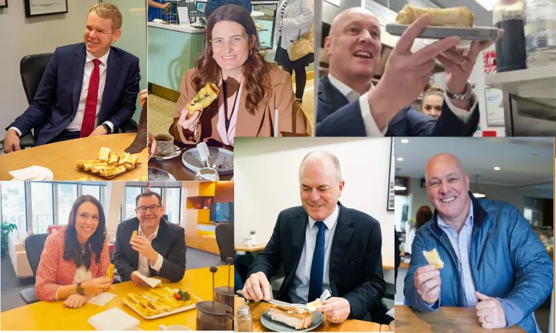 A collage of six adults in business attire smiling and eating slices of cheese toast in various office and café settings.