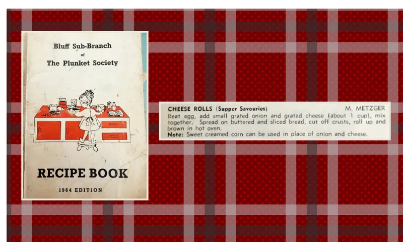 A vintage recipe book cover with a cartoon girl in a kitchen, titled “Bluff Sub-Branch of The Plunket Society Recipe Book 1964 Edition,” next to a typed cheese rolls recipe on a red plaid background.