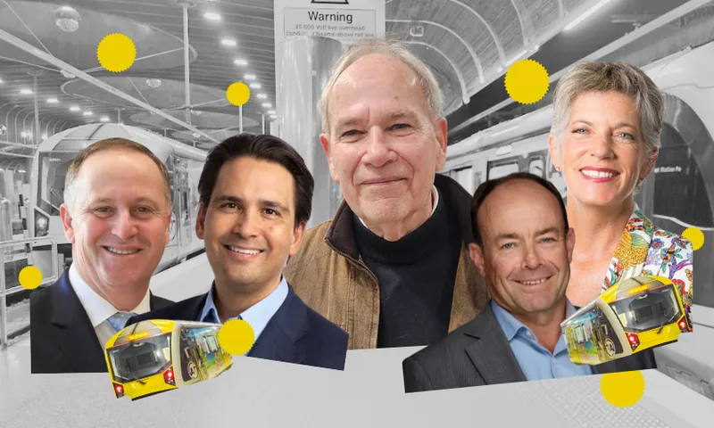 Five people are smiling with yellow trains and bright dots overlaid; the background shows a grey, indoor train station with trains and a “Warning” sign.