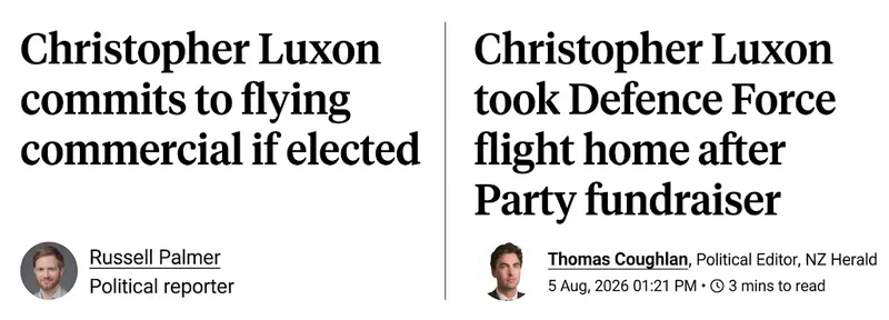 Two news headlines side by side: one says Christopher Luxon will fly commercial if elected, the other says he took a Defence Force flight home after a party fundraiser. Photos of two different journalists are included.