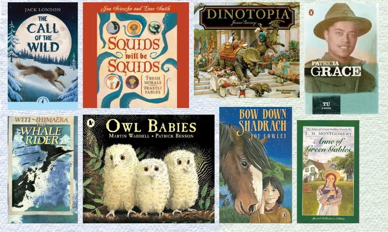 Eight book covers in two rows with textured background behind them.