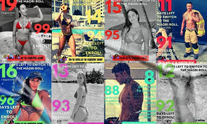 A collage of eight photos featuring women and men, each image overlaid with bold, colourful text counting down days left to enrol or switch to the Māori Roll, with voting reminders.