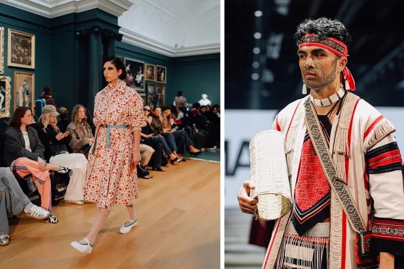 Models at Karen Walker's Auckland Art Gallery show and a look from Taiwanese designer Yuma Taru