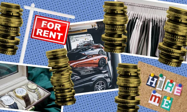 Collage showing coins, luxury watches, sports cars, a “FOR RENT” sign, a “HIRE ME” note, and hanging clothes, all over a blue polka dot background, representing different types of expenses or financial needs.