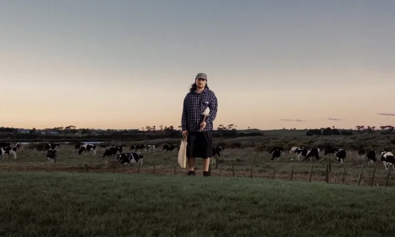 A person in casual clothes stands on grassy land holding a paddle, cows graze in the background under a dusk sky.