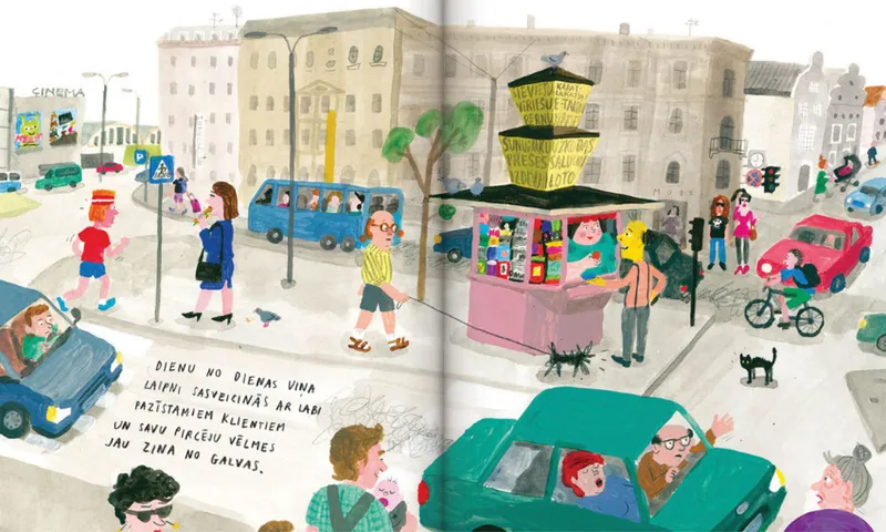 A spread from an illustrated book showing a street scene with high rise buildings, people, cars all drawn in a highly illustrative style.