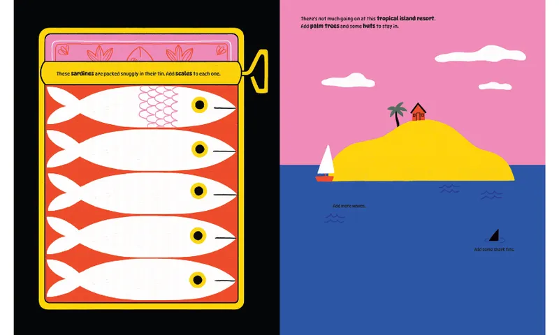 A bright illustrated page spread with a row of fish on the left and an island on the right.