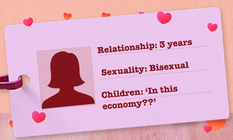 pink Love Actually template with fake ID showing a bisexual woman in a relationship of three years with no children
