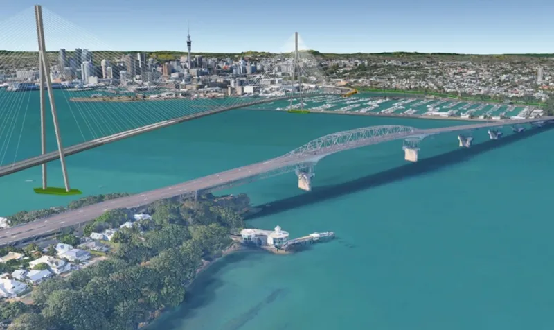 A digital rendering shows two bridges crossing blue water toward a city skyline, with marina docks and greenery visible along the shoreline and a cable-stayed bridge parallel to an older bridge.