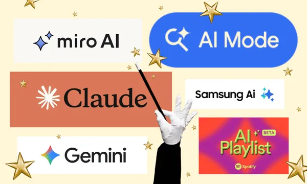 A gloved hand with a magic wand points at logos for miro AI, AI Mode, Claude, Samsung AI, Gemini, and Spotify AI Playlist, surrounded by gold stars on a beige background.
