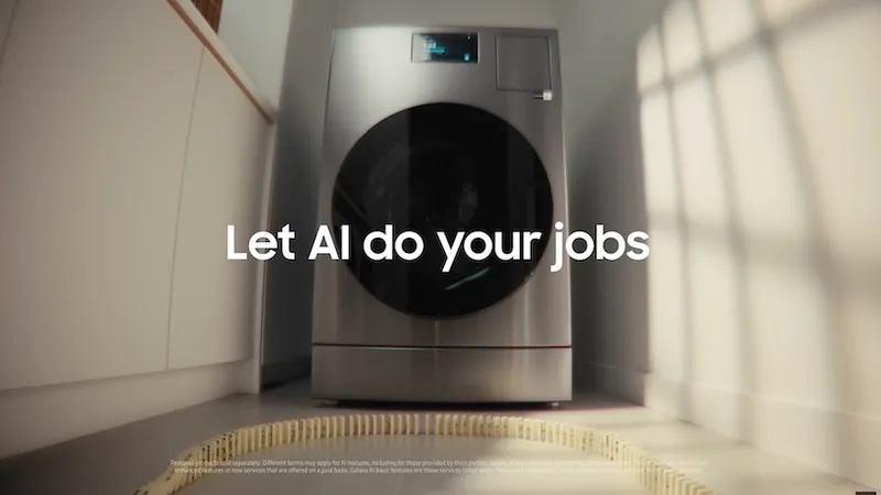 A modern washing machine in a brightly lit laundry room with the text “Let AI do your jobs” displayed across the center.