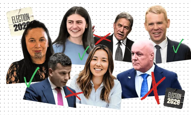 Seven New Zealand politicians’ photos with Election 2026 signs, check marks next to three, red Xs through three, and one person in the center with no mark, all on a dotted background.