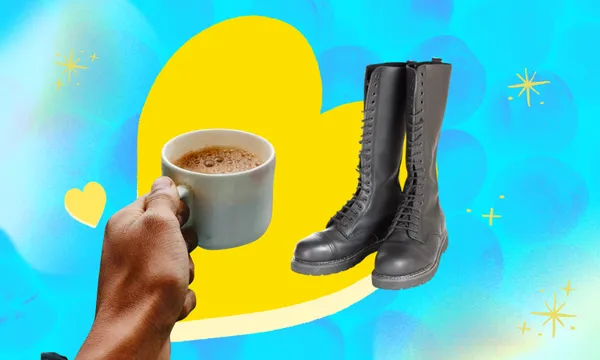 blue background with yellow heart shape. overlaid a hand holding a mug with a hot drink inside, and a pair of knee high black leather boots